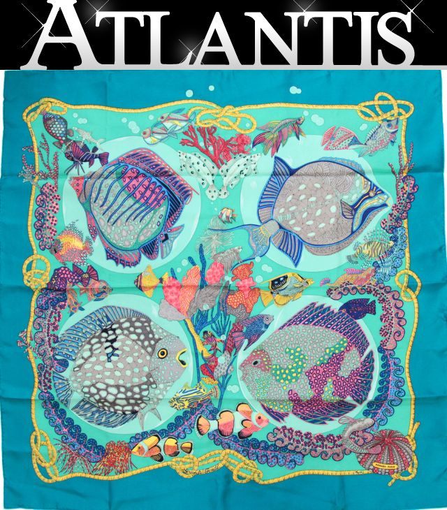 美品 エルメス HERMES カレ90 Grands Fonds 深海 大判スカーフ 魚 シルク100% ブルー系×マルチカラー 【74083】