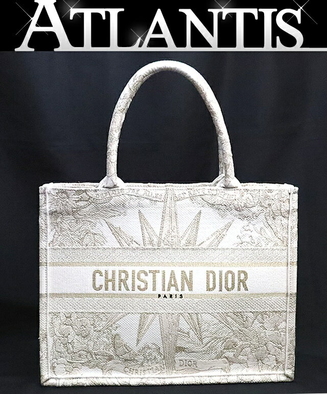 ドバイ限定 クリスチャンディオール Christian Dior ブックトート ミディアム エンブロイダリーキャンバス ゴールド×オフホワイト 【74457】