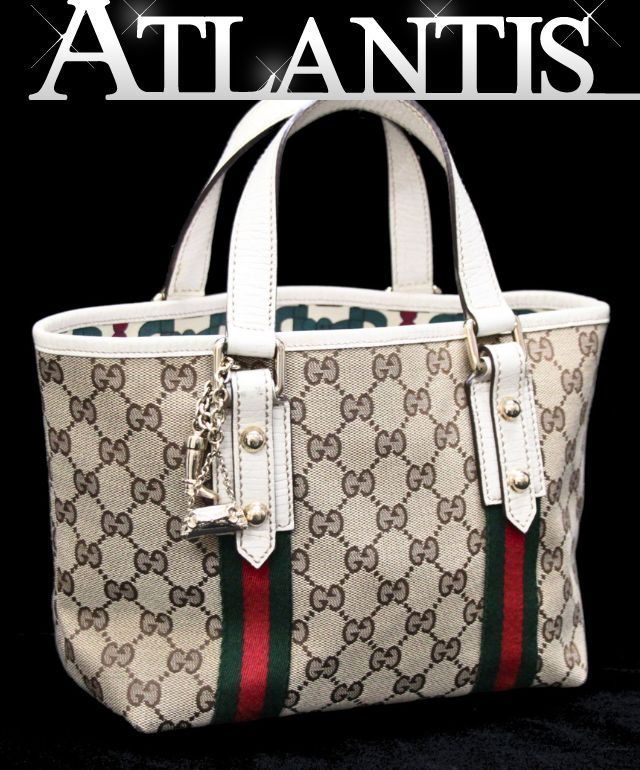 グッチ GUCCI シェリーライン ミニトートバッグ チャーム付き GGキャンバス ベージュ×白 139261 【74319】