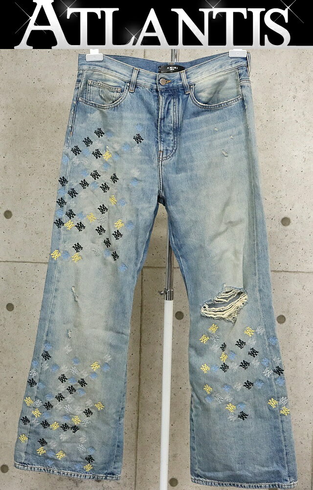 樂天商城 - AMIRI 銀座店 アミリ ロゴ刺繡 フレア ダメージ デニムパンツ メンズ size:32 ブルー系 103101