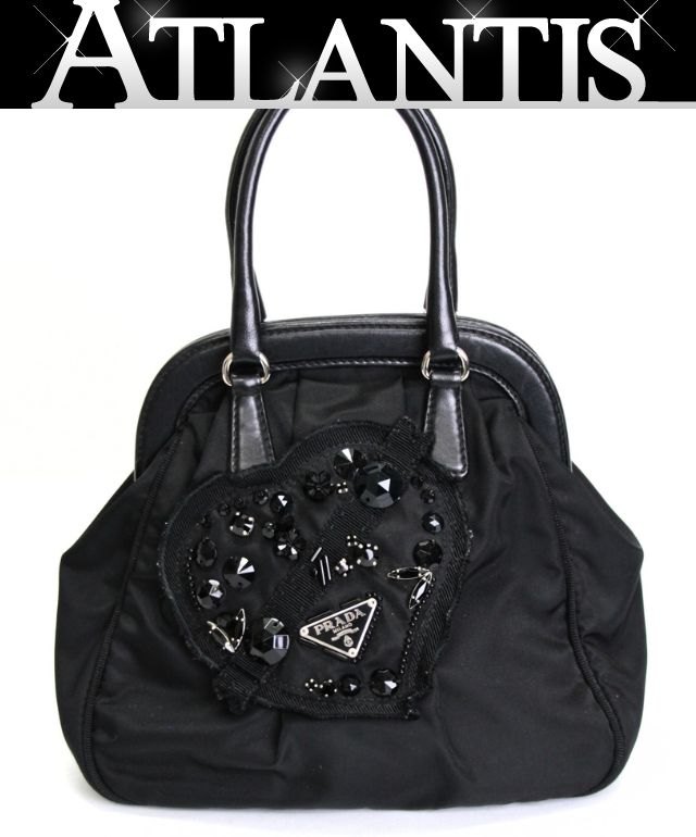 乐天商城 - 美品 PRADA プラダ 三角ロゴ ビジューハート ミニハンドバッグ ナイロン 黒 【74972】