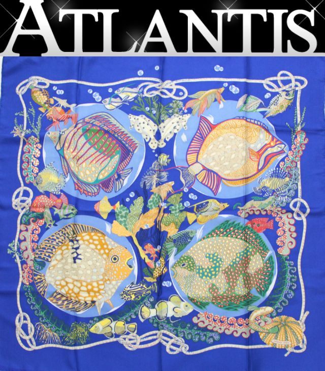 乐天商城 - エルメス HERMES カレ90 Grands Fonds 深海 大判スカーフ 魚 シルク100% ブルー系×マルチカラー 【75193】