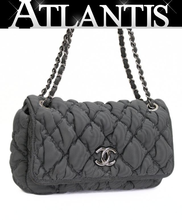 乐天商城 - シャネル CHANEL マトラッセ バブルキルト チェーンショルダーバッグ ナイロン グレー ストライプ S金具 13番台 【75035】