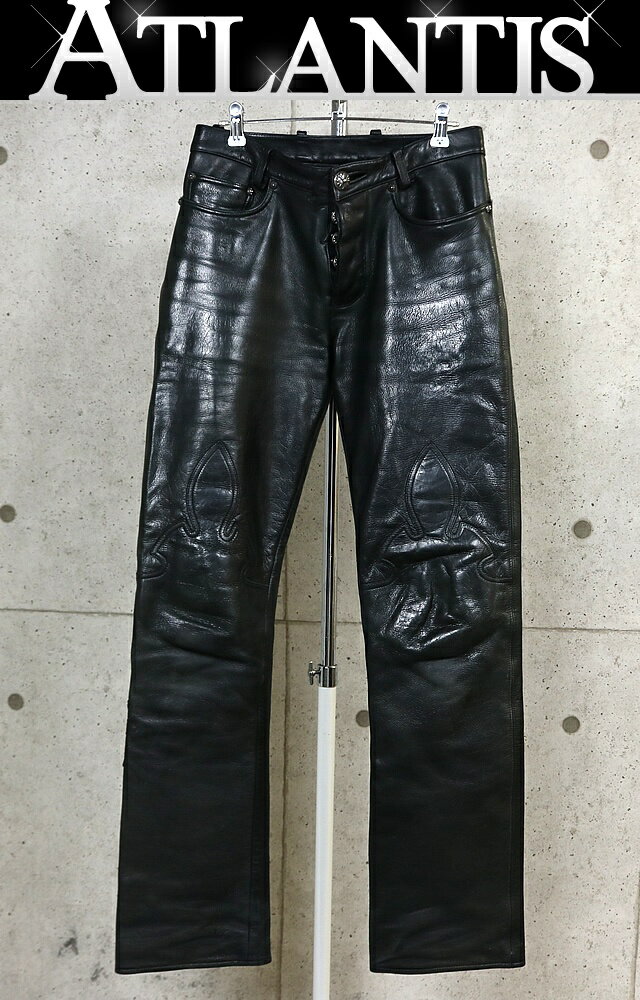 乐天商城 - CHROME HEARTS 銀座店 クロムハーツ フレアニー レザー パンツ クロスパッチ SV925 メンズ 28インチ 黒 102433