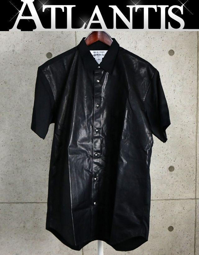 CHROME HEARTS 新宿店 新品 クロムハーツ×コムデギャルソン ロジウムクロスボタン レザー切り替え 半袖シャツ メンズ size:L 黒 32008