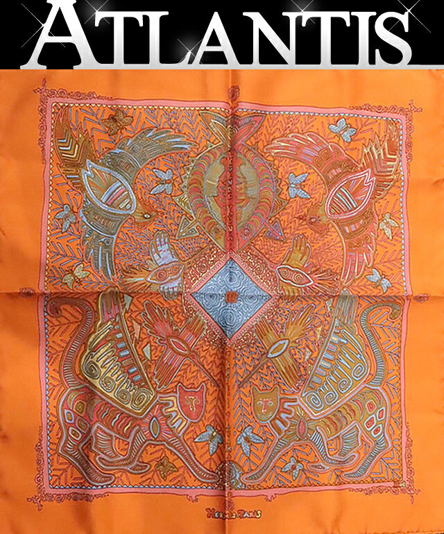 【広尾店】エルメス HERMES カレ40 Legende Kuna Peuple de Panama パナマのクナ族の伝説 シルク100％ オレンジ 【20062】