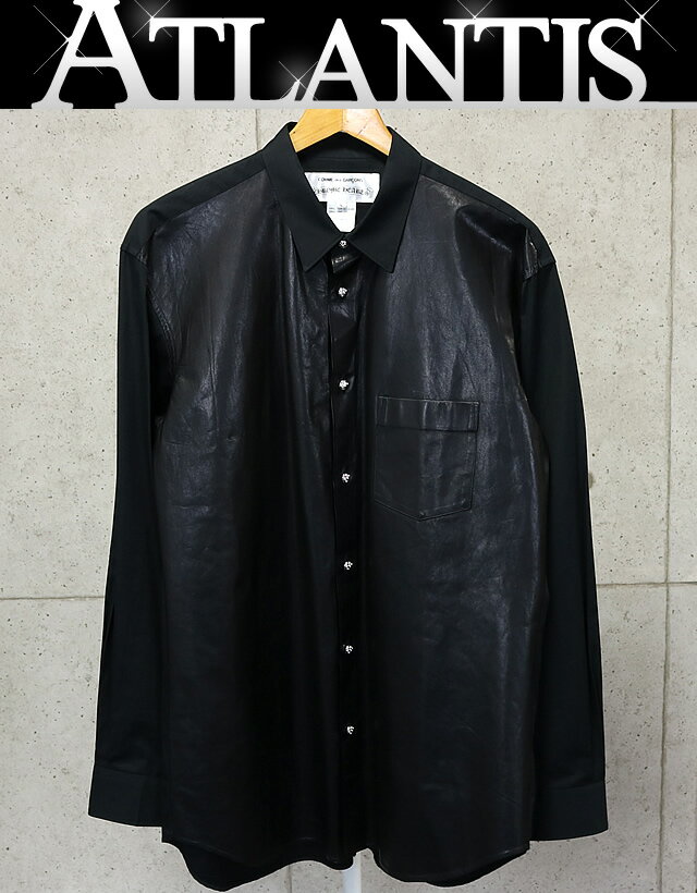銀座店 クロムハーツ コムデギャルソン コラボ レザー切り替え 長袖シャツ SV925 メンズ size:L 黒