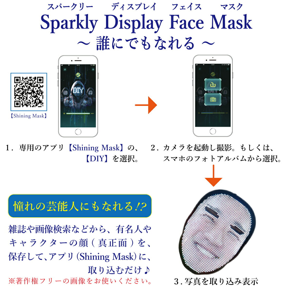 Sparkly Display Face Mask スパークリーディスプレイフェイスマスク LEDマスク 光るマスク 文字マスク おもしろマスク パーティーグッズ おもしろグッズ 仮面 単3電池式 フリーサイズ 男女兼用 日本語説明書兼保証書付き