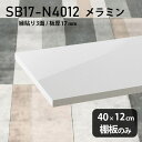 棚板のみ nail 幅40cm 奥行き12cm SB17-N4012 サイズ約幅400 奥行き120 mm厚み17mm材質メラミン樹脂化粧合板カラーネイル（ホワイト）※モニターなどの閲覧環境によって、実際の色と異なって見える場合がございます。ご希望の方にはサンプル(無料)をお送りしますのでお気軽にお問い合わせください。また、アイカ工業のメラミン化粧板でしたら、製品品番をお知らせいただければ作製が可能です。（価格はお見積り）仕様耐荷重：約10kg（均等荷重）日本製※棚板のみの商品です※縁貼りは正面と両サイドの3面となりますブランド　送料※離島は送料別途お見積もり。納期ご注文状況により納期に変動がございます。最新の納期情報はカラー選択時にご確認ください。※オーダー商品につき、ご注文のキャンセル・変更につきましてはお届け前でありましても生産手配が済んでいるためキャンセル料(商品代金の50％)を頂戴いたします。※商品到着までの日数は、地域により異なりますご購入時にお届け日の指定がない場合、最短日での出荷手配を行いメールにてご連絡させていただきます。配送について※離島は送料別途お見積もりいたしましてご連絡いたします。【ご注意ください】離島・郡部など一部配送不可地域がございます。配送不可地域の場合は、通常の配送便での玄関渡しとなります。運送業者の便の都合上、地域によってはご希望の日時指定がお受けできない場合がございます。建物の形態（エレベーターの無い3階以上など）によっては別途追加料金を頂戴する場合がございます。吊り上げ作業などが必要な場合につきましても追加料金はお客様ご負担です。サイズの確認不十分などの理由による返品・返金はお受けできません。※ご注文前に商品のサイズと、搬入経路の幅・高さ・戸口サイズなど充分にご確認願います。備考※製造上の都合や商品の改良のため、予告なく仕様変更する場合がございますので予めご了承ください。atomDIYオリジナル商品を全部見る