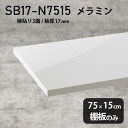 棚板のみ nail 幅75cm 奥行き15cm SB17-N7515 サイズ約幅750 奥行き150 mm厚み17mm材質メラミン樹脂化粧合板カラーネイル（ホワイト）※モニターなどの閲覧環境によって、実際の色と異なって見える場合がございます。ご希望の方にはサンプル(無料)をお送りしますのでお気軽にお問い合わせください。また、アイカ工業のメラミン化粧板でしたら、製品品番をお知らせいただければ作製が可能です。（価格はお見積り）仕様耐荷重：約10kg（均等荷重）日本製※棚板のみの商品です※縁貼りは正面と両サイドの3面となりますブランド　送料※離島は送料別途お見積もり。納期ご注文状況により納期に変動がございます。最新の納期情報はカラー選択時にご確認ください。※オーダー商品につき、ご注文のキャンセル・変更につきましてはお届け前でありましても生産手配が済んでいるためキャンセル料(商品代金の50％)を頂戴いたします。※商品到着までの日数は、地域により異なりますご購入時にお届け日の指定がない場合、最短日での出荷手配を行いメールにてご連絡させていただきます。配送について※離島は送料別途お見積もりいたしましてご連絡いたします。【ご注意ください】離島・郡部など一部配送不可地域がございます。配送不可地域の場合は、通常の配送便での玄関渡しとなります。運送業者の便の都合上、地域によってはご希望の日時指定がお受けできない場合がございます。建物の形態（エレベーターの無い3階以上など）によっては別途追加料金を頂戴する場合がございます。吊り上げ作業などが必要な場合につきましても追加料金はお客様ご負担です。サイズの確認不十分などの理由による返品・返金はお受けできません。※ご注文前に商品のサイズと、搬入経路の幅・高さ・戸口サイズなど充分にご確認願います。備考※製造上の都合や商品の改良のため、予告なく仕様変更する場合がございますので予めご了承ください。atomDIYオリジナル商品を全部見る