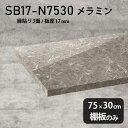 棚板のみ GS 幅75cm 奥行き30cm SB17-N7530 サイズ約幅750 奥行き300 mm厚み17mm材質メラミン樹脂化粧合板カラーグレーストーン※モニターなどの閲覧環境によって、実際の色と異なって見える場合がございます。ご希望の方にはサンプル(無料)をお送りしますのでお気軽にお問い合わせください。また、アイカ工業のメラミン化粧板でしたら、製品品番をお知らせいただければ作製が可能です。（価格はお見積り）仕様耐荷重：約10kg（均等荷重）日本製※棚板のみの商品です※縁貼りは正面と両サイドの3面となりますブランド　送料※離島は送料別途お見積もり。納期ご注文状況により納期に変動がございます。最新の納期情報はカラー選択時にご確認ください。※オーダー商品につき、ご注文のキャンセル・変更につきましてはお届け前でありましても生産手配が済んでいるためキャンセル料(商品代金の50％)を頂戴いたします。※商品到着までの日数は、地域により異なります配送について※離島は送料別途お見積もりいたしましてご連絡いたします。【ご注意ください】離島・郡部など一部配送不可地域がございます。配送不可地域の場合は、通常の配送便での玄関渡しとなります。運送業者の便の都合上、地域によってはご希望の日時指定がお受けできない場合がございます。建物の形態（エレベーターの無い3階以上など）によっては別途追加料金を頂戴する場合がございます。吊り上げ作業などが必要な場合につきましても追加料金はお客様ご負担です。サイズの確認不十分などの理由による返品・返金はお受けできません。※ご注文前に商品のサイズと、搬入経路の幅・高さ・戸口サイズなど充分にご確認願います。備考※製造上の都合や商品の改良のため、予告なく仕様変更する場合がございますので予めご了承ください。atomDIYオリジナル商品を全部見る