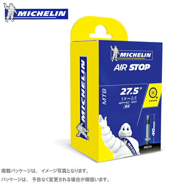 【商品説明】 MICHELIN ミシュラン B4 エアーストップ 27.5X1.90X2.60 仏式 FV60mm 27.5インチ MTB チューブ F2TB4A-60 MICHELIN チューブ エアストップチューブ コストパフォーマンスに優れ、耐パンク性能も高い、デイリーユースに最適なブチルチューブ。 サイズ / 27.5×1.9/2.6 バルブ長 / FV60mm　仏式 重量（g）/ 215g 本数/1本 【仕様】 【掲載情報】 当ショップは実店舗とメーカー在庫を共有しております。 掲載商品は、一部を除きお客様からのご注文を頂いた後でのお取り寄せとなっております。 ショッピングでの記載商品は確実に、在庫がある事をお約束するものではありませんのでご了承くださいませ。【BRAND】