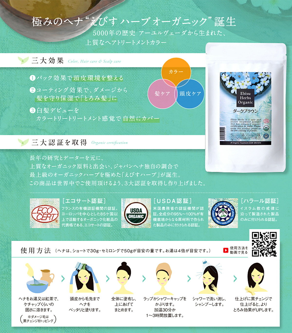 ジャパンヘナ えびすハーブ 100g＜ブラウン＞毛髪専用トリートメントパウダー ベースヘナ ヘナパウダー ヘアカラー ヘアケア スカルプケア 白髪 しらが ダメージ ネコ毛 クセ毛 コーティング 対策 予防 ケア 頭皮ケア 色ケア 髪ケア ノンジアミン JAPAN HENNA