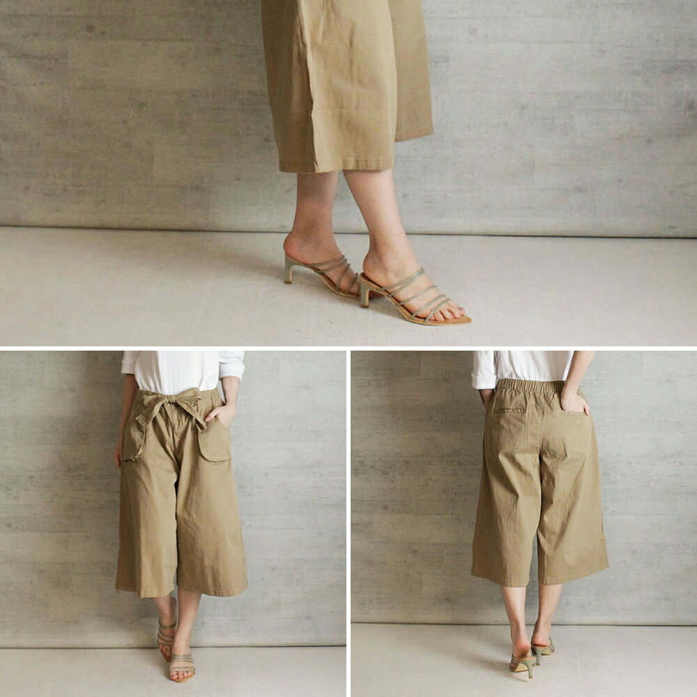 【30％クーポン利用で2772円】リボンガウチョツイルパンツ ゆったり リラックス 美脚 チノパンツ ビッグシルエット カーキ ベージュ ブラック M L XL XXL LL 3L 4L レディース 春 夏 秋 冬