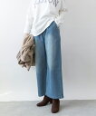 ウエストリブ ワイドストレート デニムパンツ ボトムス 大きいサイズ ブルー ネイビー 冬 レディース レビュー特典あり