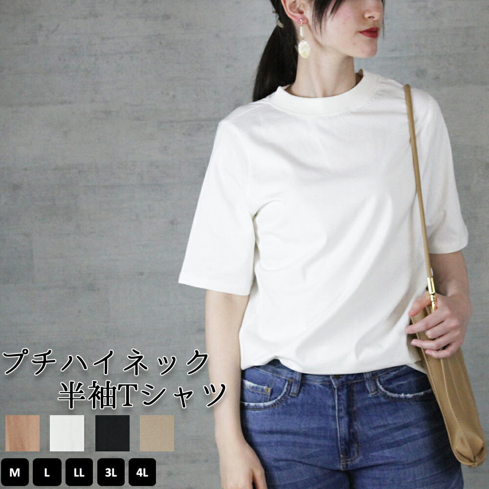 【10日限定40％OFF!!クーポン利用で】プチハイネック半袖Tシャツ レディース 大きいサイズ M L LL 3L 4L 黒 白 グレー ベージュ モカ レビュー特典あり