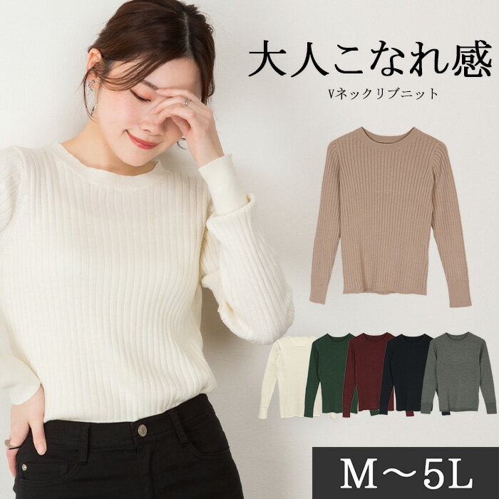 【期間限定40％OFF！！20日まで！&5と0の日P2倍】ラウンドネックリブニット レディース 大きいサイズ M L LL 3L 4L 5L 6L 7L 黒 白 グレー グレーベージュ ベージュ グレージュ バーガンディ グリーン レビュー特典あり