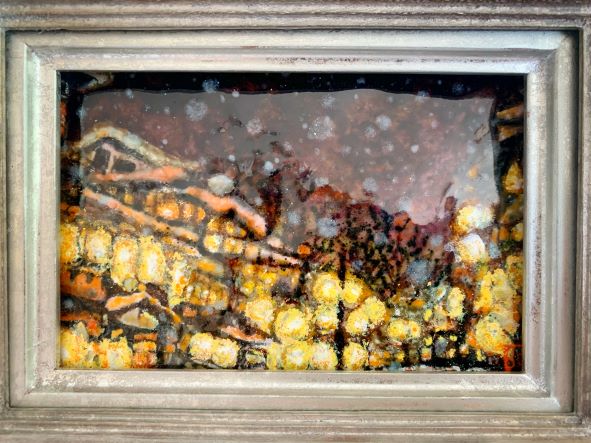 創作七宝焼 七宝焼き 七宝焼 風景 銀山温泉 夜の温泉街 景色 金箔散らし 工芸 オリジナル デザイン あとりえしっぽ う大山阿津子一点モノ メイドインジャパン ハンドメイド豪華な額装 特丈夫な段ボール箱付き 送料無料 送料無料