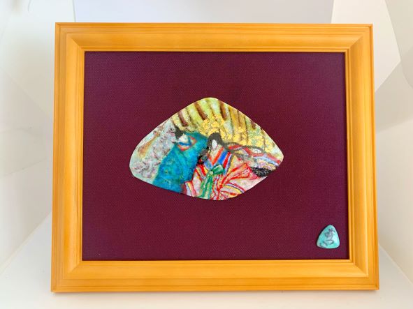 樂天商城 - 創作七宝焼 七宝焼き 七宝焼 福貝シリーズ 額 「平安宮廷浪漫絵巻」横長型 金箔・プラチナ箔・フリット散らし 下地に帯使用 工芸品 オリジナルデザイン あとりえしっぽ う 大山阿津子一点モノ メイドインジャパン ハンド メイド丈夫な段ボール箱に入れて発送 送料無料