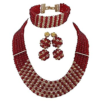 【中古】【輸入品・未使用】AfricanBeads 5rowsハンドメイド赤とゴールドクリスタルビーズボールネックレス、クリスタルウェディングジュエリーセット