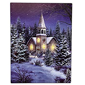 【中古】【輸入品 未使用】クリスマス壁アート Church at Night Picture with光ファイバー LEDライト 冬シーンキャンバス印刷