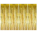 【中古】【輸入品・未使用】Muhome 金箔フリンジカーテン 4枚 3.28フィート x 8.2フィート メタリックティンセルドアカーテン フォトブース背景 結婚式 誕生日 ブライダル
