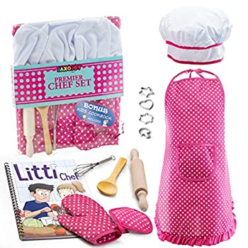 yÁzyAiEgpzJaxoJoy Complete Kids Cooking and Baking set - 11 Pcs Includes Apron for Little Girls Chef Hat Mitt & Utensil for Toddler Dress Up Chef