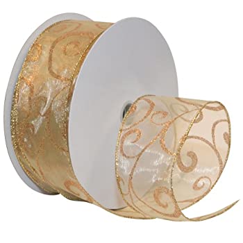【中古】【輸入品・未使用】Morex Ribbon Swirl Wired Sheer Glitter Ribbon 2-1/2-Inch by 50-Yard Spool Gold/Bronze by Morex Ribbon