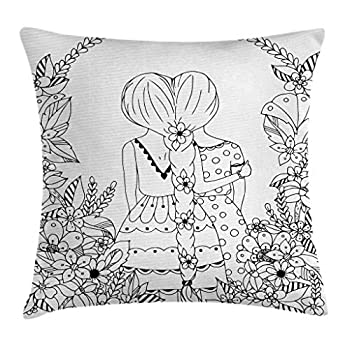【中古】【輸入品・未使用】Doodleスロー枕クッションカバーby Ambesonne、ガールフレンドwith conjoinedポニーテールHugging Friendship Coloring Bookスタイルデザイン正