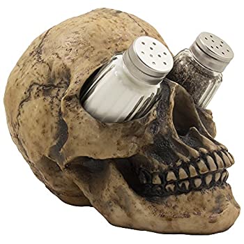 yÁzyAiEgpzScary Evil Human Skull Salt and Pepper Shaker Set Figurine Display Stand Holder for Spooky Halloween Party Decorations & Gothic Kitchen