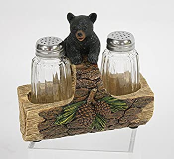 yÁzyAiEgpzBlack Bear on Log 6 x 11cm x 15cm Resin Crafted Salt and Pepper Shaker Set