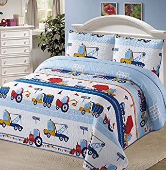 【中古】【輸入品 未使用】Better Home Style White Blue Red Construction Site Kids/Boys/Toddler Coverlet Bedspread Quilt Set with Pillowcases and Tractor Dump Tru