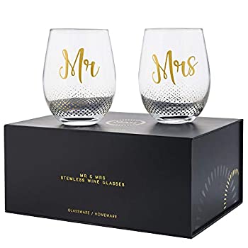 【中古】【輸入品 未使用】Mr Mrs set of 2 Crystal stemless wine glasses Perfect Gift for Wedding Engagement Anniversary or Couples