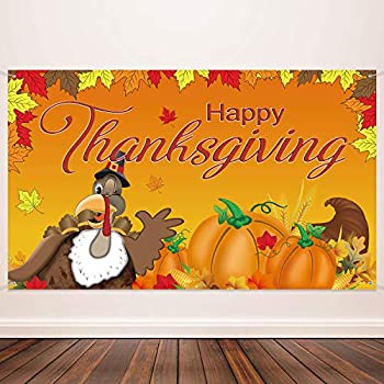 【中古】【輸入品・未使用】Happy Thanksgiving 背景 秋のバナー 感謝祭デコレーション 七面鳥 カエデの葉 パンプキンバナー 秋のパーティー用品 72.8 x 43.3インチ