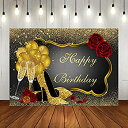 【中古】【輸入品 未使用】Glitter Gold Happy Birthday Backdrop Red Rose Floral Golden Balloons Heels Champagne Glass Background for Women Birthday Party Decorati