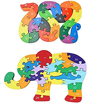 【中古】【輸入品・未使用未開封】動物木製パズル 組み立てブロックパズル アルファベットジグソーパズル 幼稚園学習教育玩具ブロックセットギフト - 蛇と象
