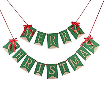 【中古】【輸入品・未使用】(Green) - GOER Merry Christmas Burlap Banners Garlands with Ribbon Bows for Xmas Party Decoration Photo Prop (Green)
