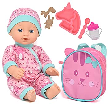 yÁzyAiEgpzDoll Picnic Food Playset Baby Doll Accessories Set Includes 30cm Doll with School Backpack Feeding Toys Milk Bottle Juice Sippy Cup Bib