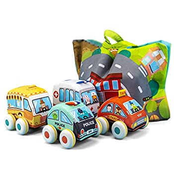 【中古】【輸入品 未使用】UNIH Pull-Back Vehicle Soft Baby Toys Toddlers Plush Car Toy Set 4 Cars with Play Mat (Storage Bag) 1 2 3 Year Old Toys