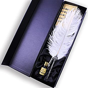 yÁzyAiEgpzFeatty - White Ostrich Plume Pen Set Wedding Feather Writing Quill Signature Pen