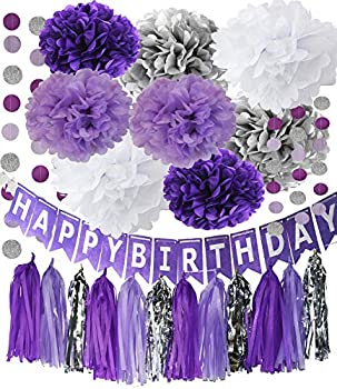 【中古】【輸入品 未使用】Purple Party Decorations Purple White Silver Tissue Pom Pom Happy Birthday Banner Purple White Ballons Circle Paper Garland for Birthda