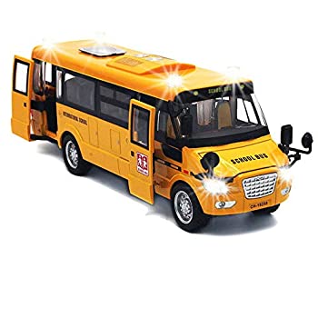 プルバック車両 大きな明るい黄色のプルバック スクールバス ダイカストメタル玩具 ライトサウンドとオープンドア付き