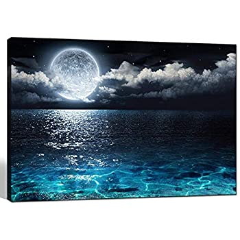 海チャーム???現代キャンバス壁アートLarge Full Moon Inクラウド風景画像キャンバス印刷フレーム、ブルーClear OceanシースケープGicleeアート