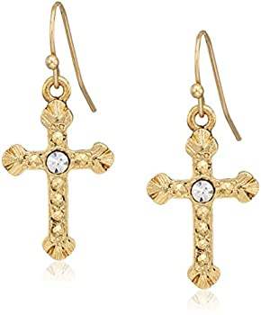 【中古】【輸入品・未使用】1928 Jewelry 14Kゴールドディップクリスタルアクセント宗教十字架クロスドロップイヤリング