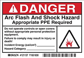 Brady 121137 Vinyl Film 3.5 x 5 Arc Flash & Shock Labels (Danger Pictogram) Black/Red/White On White 3.5 Height x 5 Legend Danger Arc