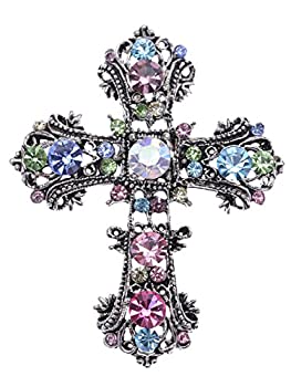 【中古】【輸入品・未使用】Alilang Antique Silvery Tone Multi Rhinestones Colorful Holy Cross Brooch Pin