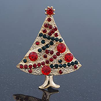 【中古】【輸入品・未使用】赤、緑、オーストリアクリスタル、クリスマスツリーブローチ ゴールドメッキ - 長さ50mm。