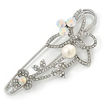 【中古】【輸入品・未使用】Large Crystal Pearl Floral Safety Pin In Rhodium Plating - 10cm L