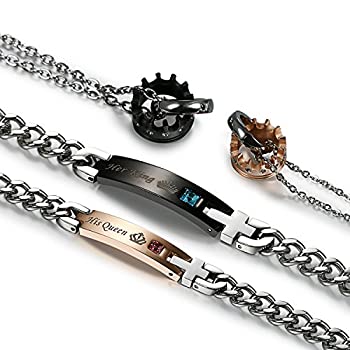 yÁzyAiEgpzFlongo Men's Womens Stainless Steel King Queen Crown Pendant Necklace Bracelet Valentine Christmat Anniversary Set