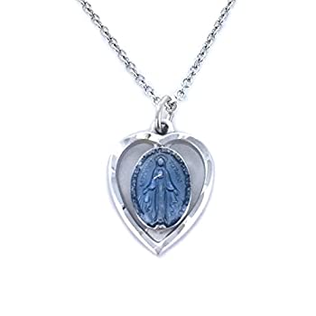 šۡ͢ʡ̤ѡSterling Silver Open Heart Pendant with Blue Enamel Miraculous Medal 1.6cm